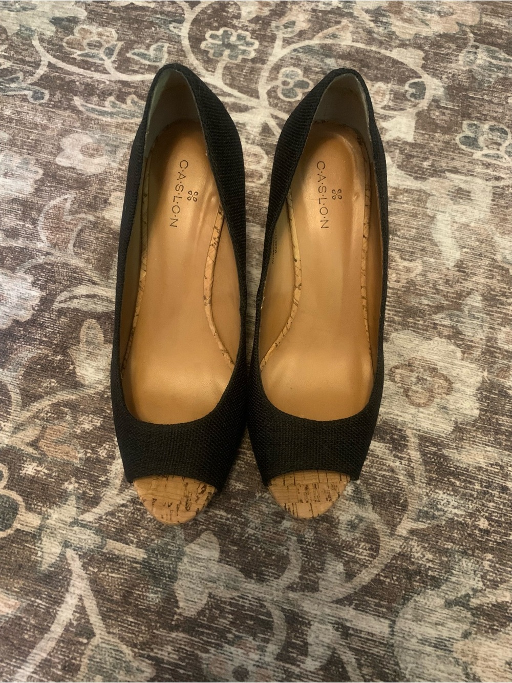 Caslon Black Knit Peep-Toe Wedge with Cork Accent